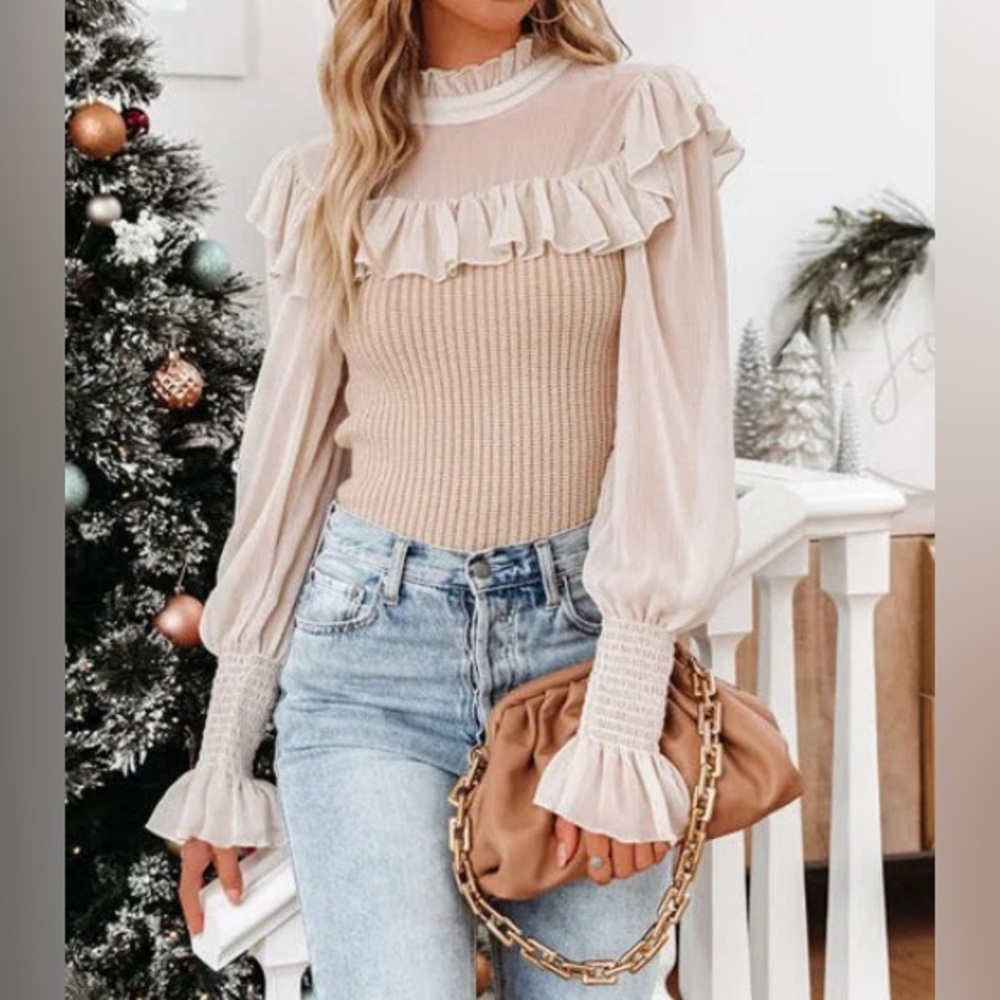 Vici Cream and Tan Ruffle Blouse